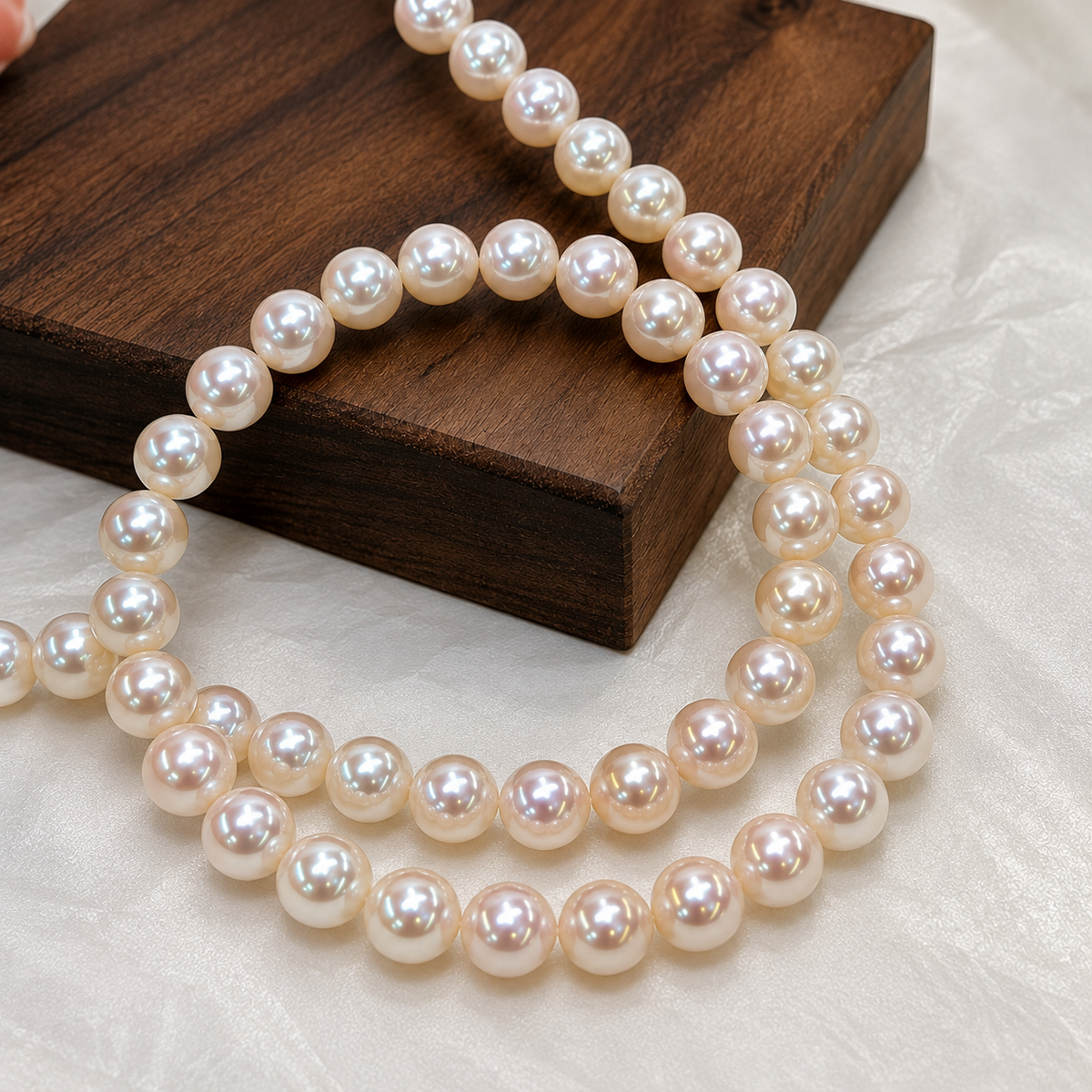 Akoya pearl strand detail on wood display