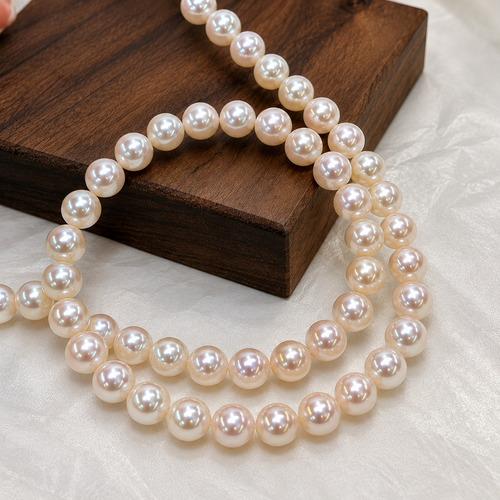 Akoya pearl strand detail on wood display