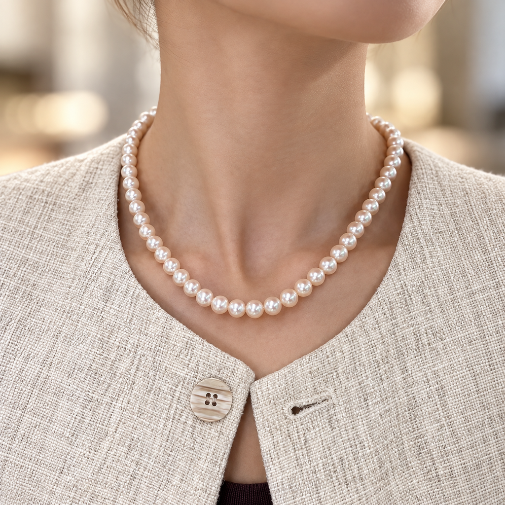 Akoya pearl strand arranged over dark walnut display