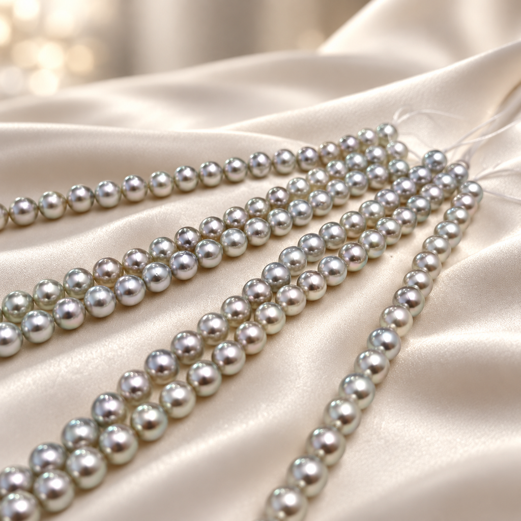 Grey-violet pearl strands, editorial photograph 2