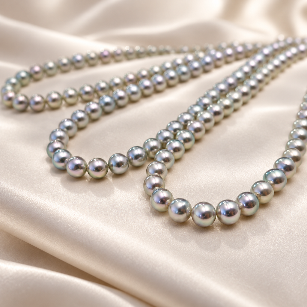 Grey-violet pearl strands, editorial photograph 4
