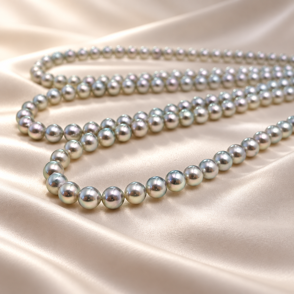 Grey-violet pearl strands, editorial photograph 5