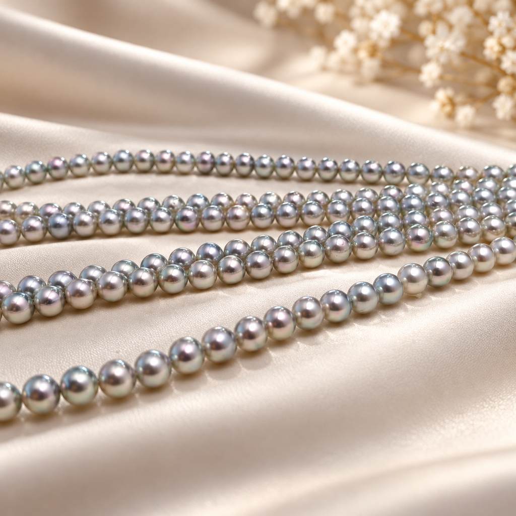 Grey-violet pearl strands, editorial photograph 9
